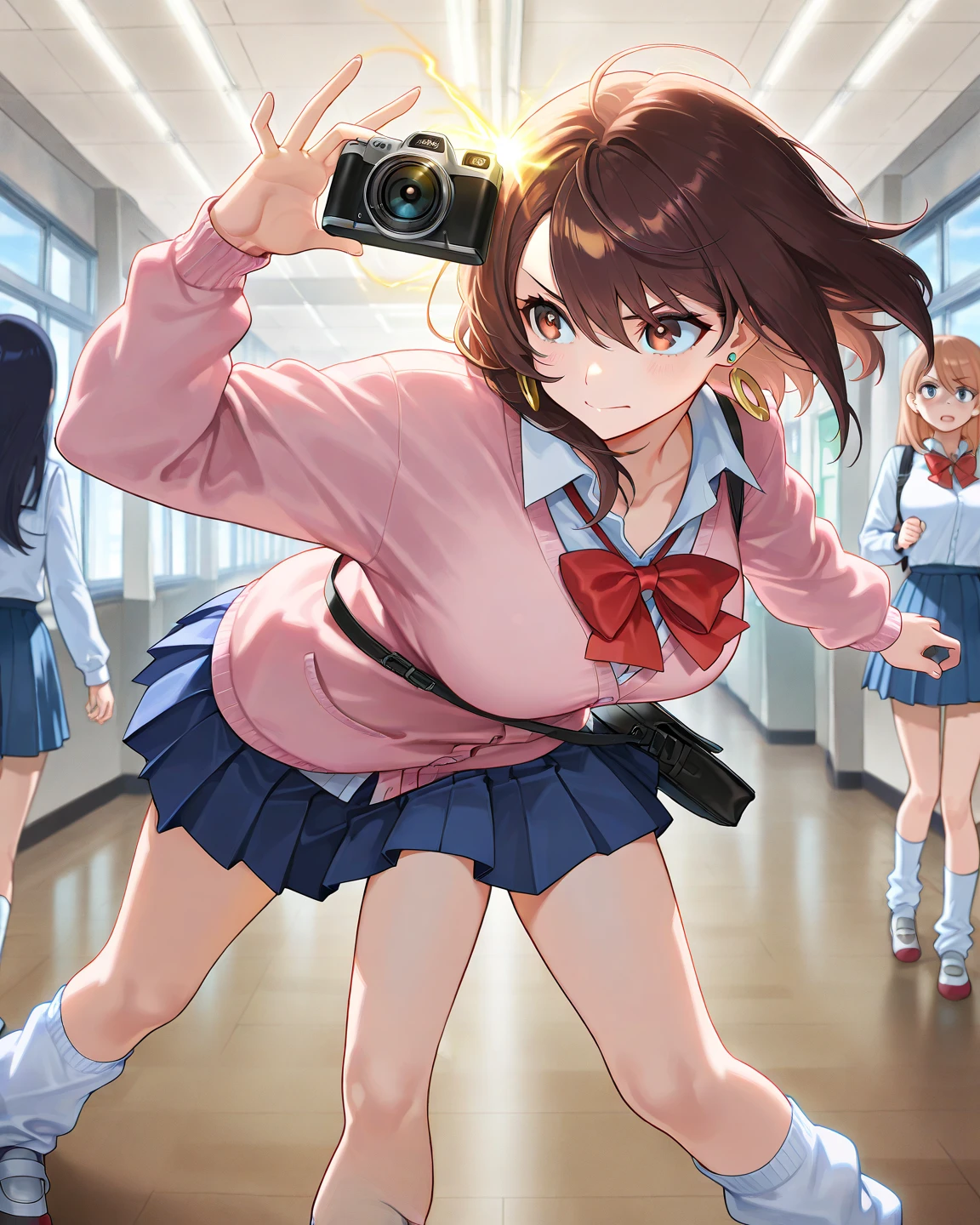 2 girls ,(yuigahama yui'great bust and pussy), waltz dance ,uniform,black blazer,white shirt,ribbon,light pink lace panties,(pussy line:1.0),thighs,((high angle:1.0)),look at the camera,I'I'm embarrassed and blush,open mouth smile,beautiful eyes,downtown at night