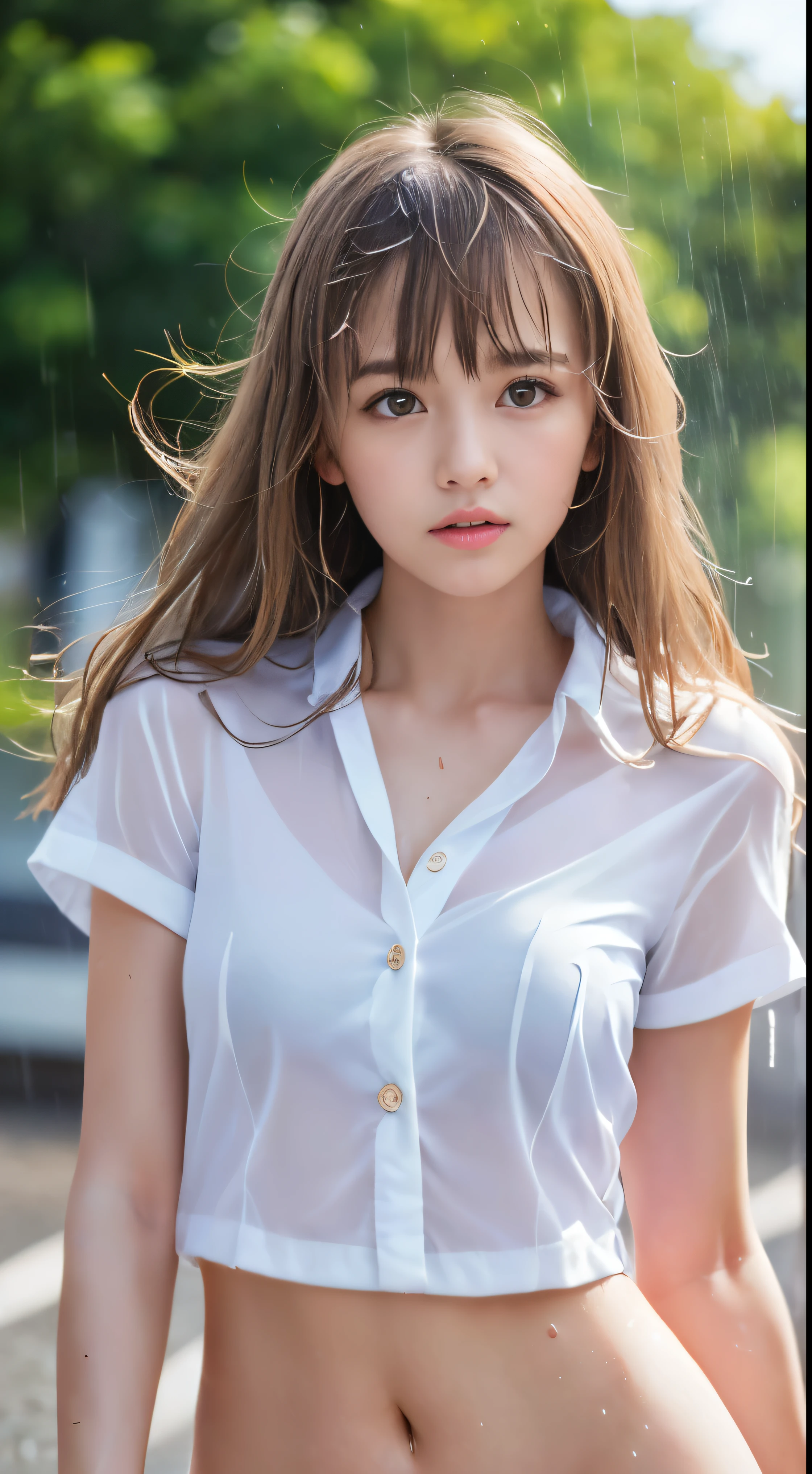 (Close-up face shot of a naked slender small-breasted half up blonde long hair with bangs girl:1.5)、(A naked blonde hair girl is running on a rural town road in Japan with crying face and her hair and face are drenched in the heavy rain:1.5)、(The nipples visible under shirt:1.5)、(Heavy raining day:1.5)、(blurred background:1.5)、(Natural light:1.5)、(perfect anatomy:1.5)、(Photorealistic:1.5)、(Raw photo:1.3)、(highest quality:1.5)、(High resolution:1.3)、(Delicate and beautiful perfect face:1.3)、(Delicate and beautiful eye air skin:1.3)、(Real Human Skin:1.3)、((thin legs))