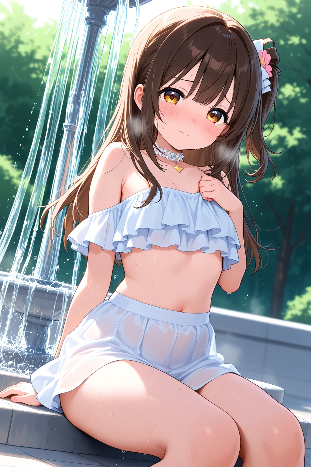 (best quality:1.3), masterpiece, ultra-detailed, ray tracing, perfect lighting, yuuki asuna, kizukiai, brown hair, brown eyes, medium breasts, long hair, Asuna, blush, (pink cheeks), seductive, sexy face, hot, sexy, sexy body, body curvy, nsfw, (biquini com decote), showing her boobs, open legs, no panties, perfect anatomy, detailed image, natural skin texture, sexy body, perfect pussy, open pussy, thinner waist, wide hips, thick thighs, delicate eyes, detailed eyes, better lighting, blue sky, clouds, praia.