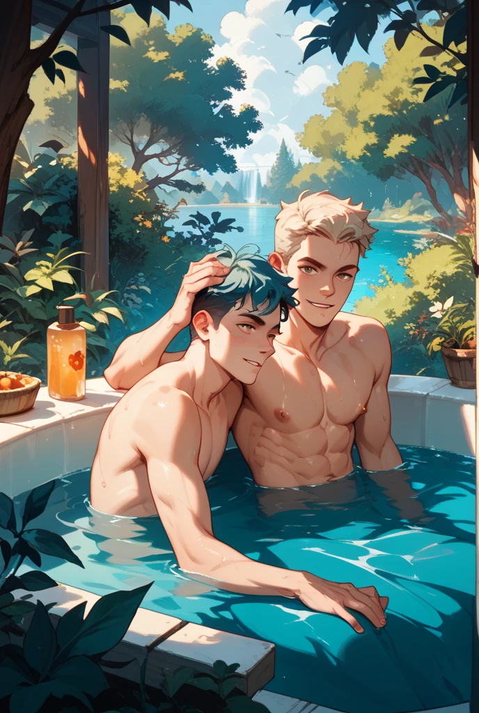 Two little girlfriends of 13 years old blonde-redhead play in the outdoor pool watering themselves and play together learning to swim with me bearded shaved head of 43 years old