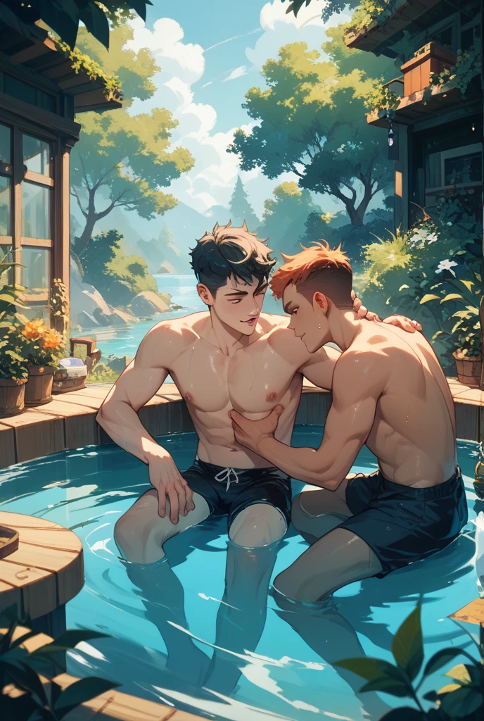 Two boys,lake water,Raised sexy