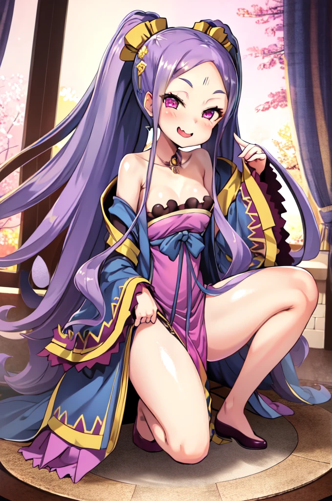 masterpiece, best quality, highres, wz1, twintails, large breasts, forehead, hanfu, wide sleeves, sash, bare shoulders, long sleeves, bow, purple dress, shawl, <lora:wu_zetian_(fate)_v1:0.7>, standing, cowboy shot, smile,