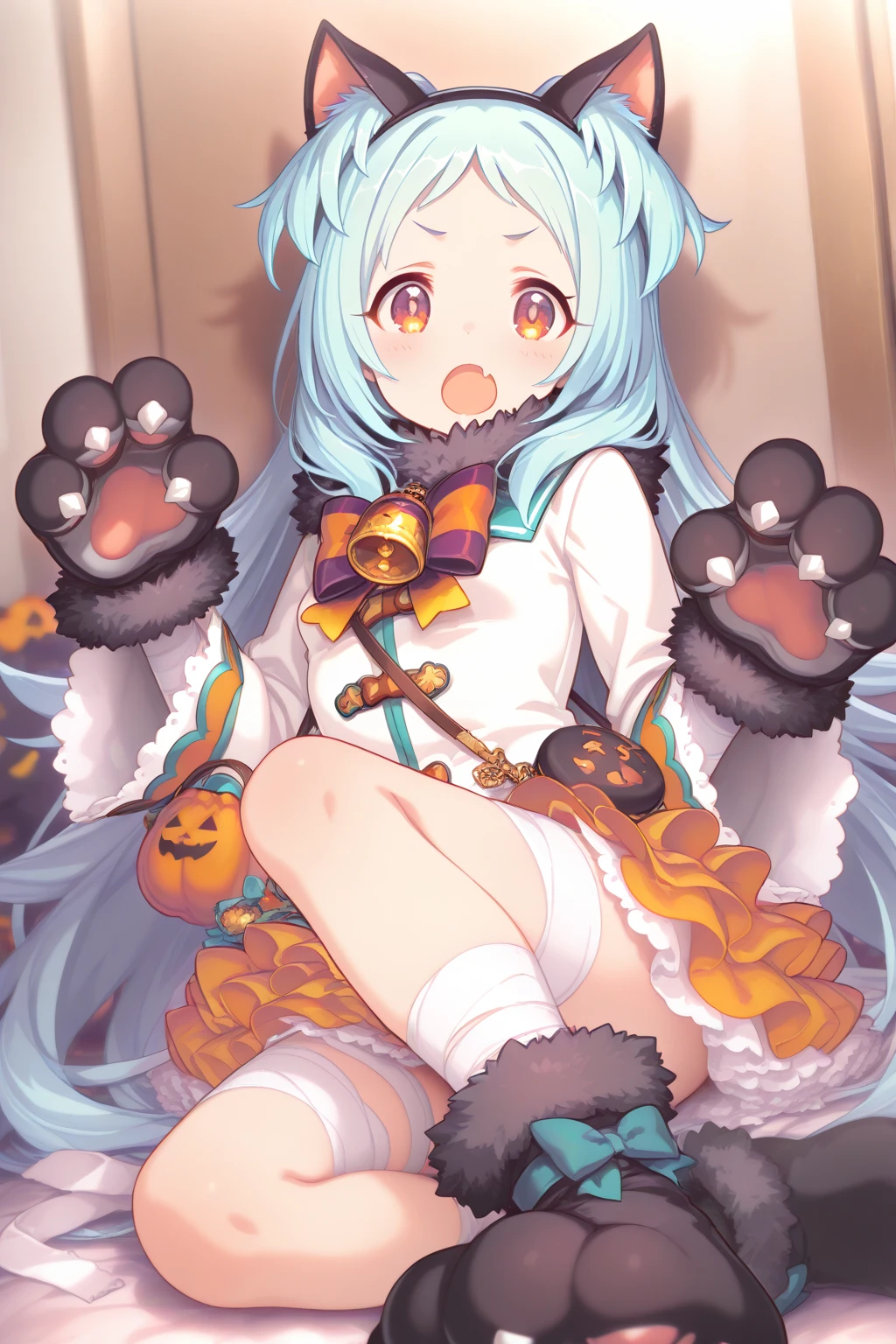 score_9, score_8_up, score_7_up, very aesthetic, source_anime BREAK 1girl,miyako \(princess connect!\), halloween costume, very long hair, blue hair, two side up, parted bangs, red eyes, eyebrows visible through hair, animal ears, animal ear fluff, cat ears, fake animal ears, black hairband, animal hands, paw gloves, fur-trimmed gloves, grey gloves, claws, white shirt, white jacket, sailor collar, fur collar, fur trim, long sleeves, fur-trimmed sleeves, neck bell, bandages, bandaged leg, bag, fang, hair bow, striped bow, red bow, orange skirt, yellow skirt, pleated skirt, layered skirt, miniskirt, black footwear, paw shoes, open mouth,  (saliva),((nsfw))1boy,bare crotch,penis,(girl trembling with sexual climax:1.2).(vaginal,sex),(open mouth),smile,tongue out,,lying on bed,pov,girl on top,cowgirl position,(from below:1.4),((focus on vagina)),bedroom,indoors,((speed line,motion line,motion blur:1.4)),flat_chest,leg_spread,((nipple,open Clothes)),sweat,heat, bare shoulders, (half closed eyes),adjusting clothes, blush,looking at viewer,
