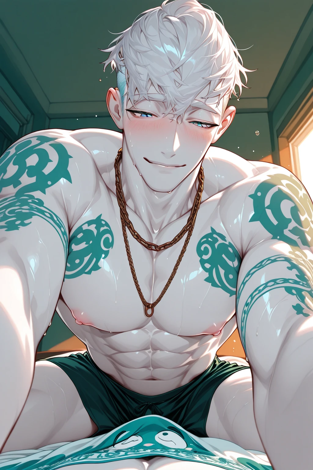Boy, sixpack, commander style, short hair, perfect face, silver hair