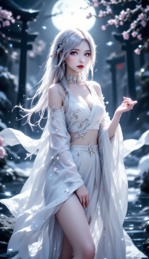 Fox-eared white-haired girl，Full body female love，Drawing of a white fox sitting on a branch，Ethereal Fox，Nine-tailed Fox，fox three-tailed fox，Onmyoji detailed art，Nine Tails，A beautiful artistic illustration，Mythological Creatures，red fox，(Fighting Stance)，Beautiful digital artwork，Beautiful digital illustrations izutsune , Inspired by the mythical creature Wildnet，Digital Art on pixiv，glare，High contrast，horror theme，Dark atmosphere