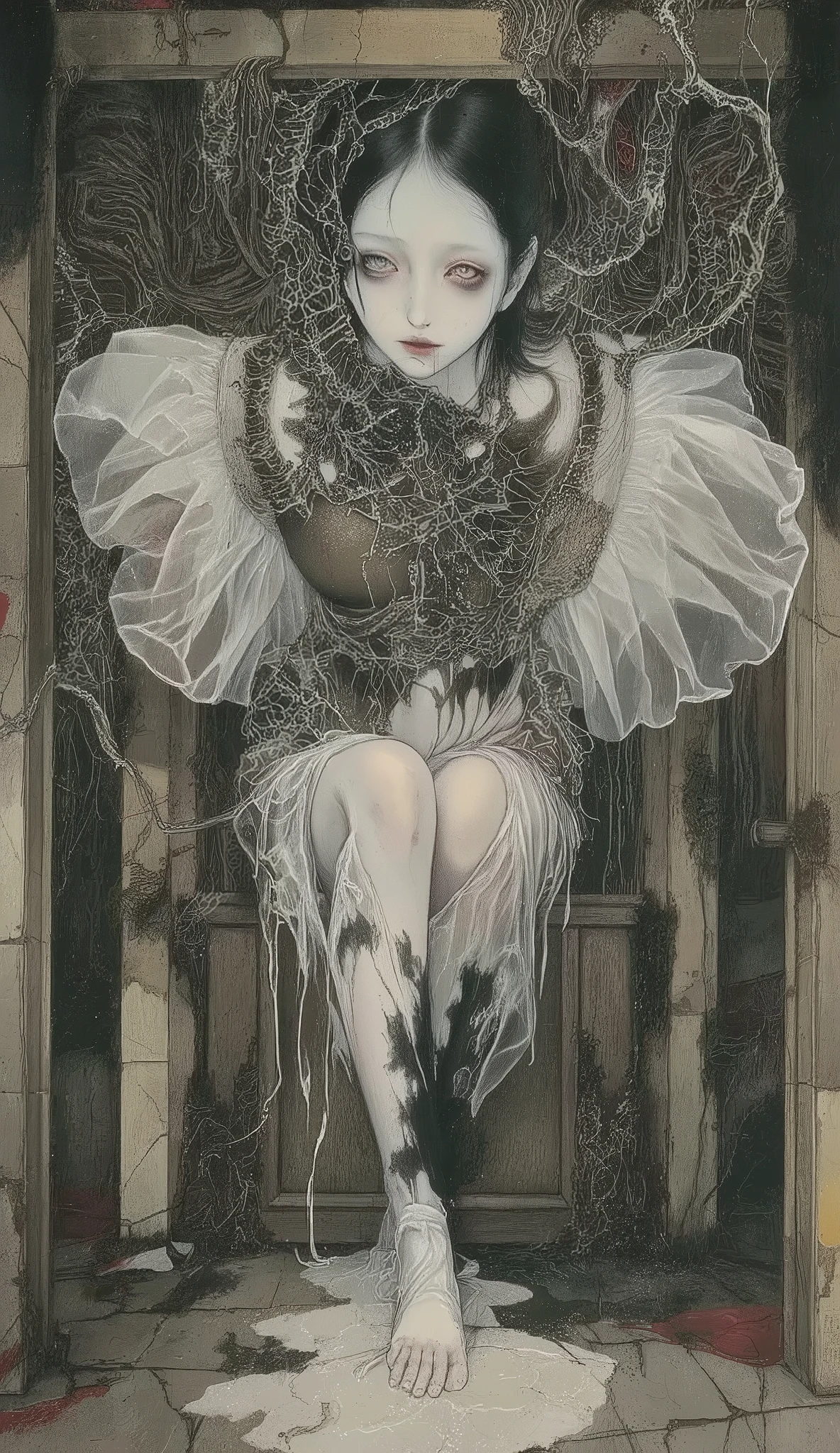 Surreal painting in the style of Zdislav Bekshinsky:An asthenic ghost girl with a pale face and dilapidated body, merging with the architecture of an abandoned Gothic cathedral. There are organic growths on the walls, dim light coming from cracks in the floor, and distorted perspective. Colors: dirty ochre, dark turquoise, muted blood red. Hyper-realistic textures, the effect of antique oil paintings, the atmosphere of decay and eternity. Details: amorphous shadows, fragments of frescoes, unnaturally long limbs of a ghost.