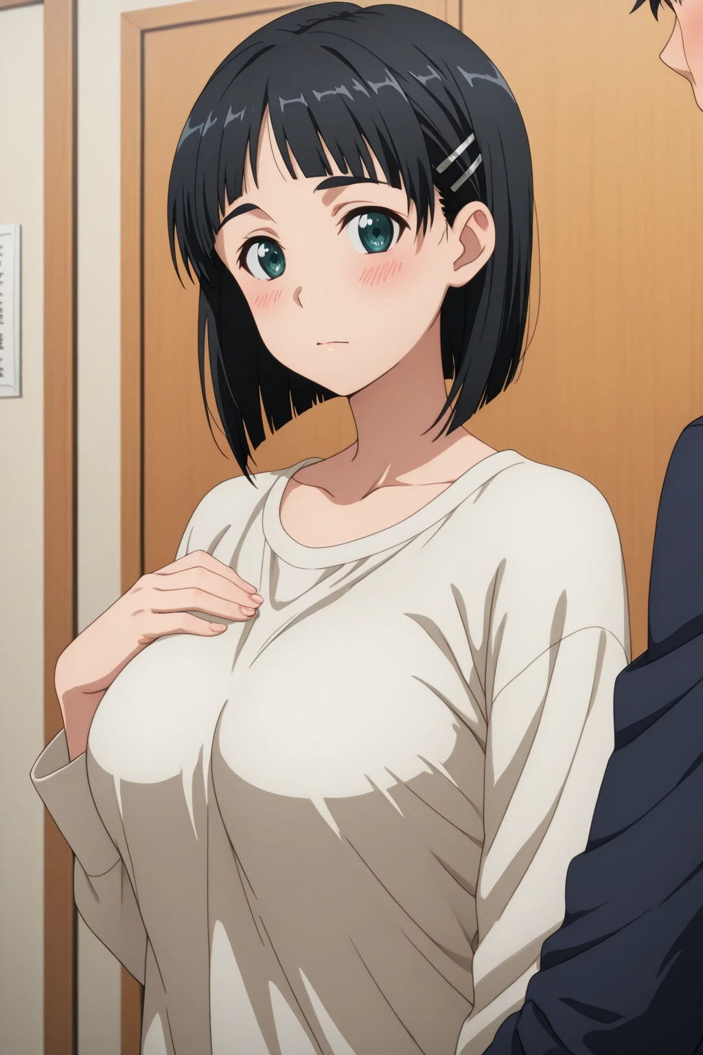 Woman cute eyes black hair short hair naked small breasts black eye open mouth embarrassing cute nipples adult woman precise fingers、Exact number of arms、(Perfect hands, Perfect Anatomy) short hair、pubic hair、Nice breasts、Embarrassing、Nice fingers Black hair、Completely naked、black eye、cute、high quality, Embarrassed look、[background; (hospital), (Examination room)]    (Doctor nearby:1)  On the delivery table