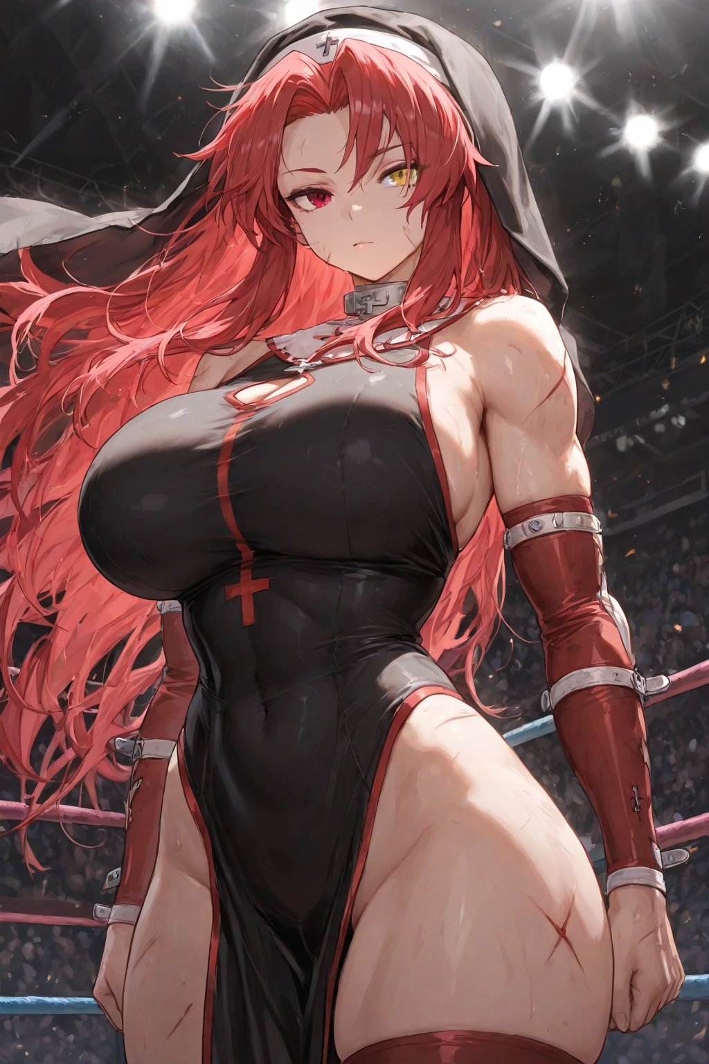 High detailed, 1 girl, solo, red hair with yellow tones, tanned skin, green eyes,  busty, firm chunky body, white shirt, , deep cleavage, Juliet sleeves, pencil skirt, black thighhighs, BLUE gloves, tall, serious