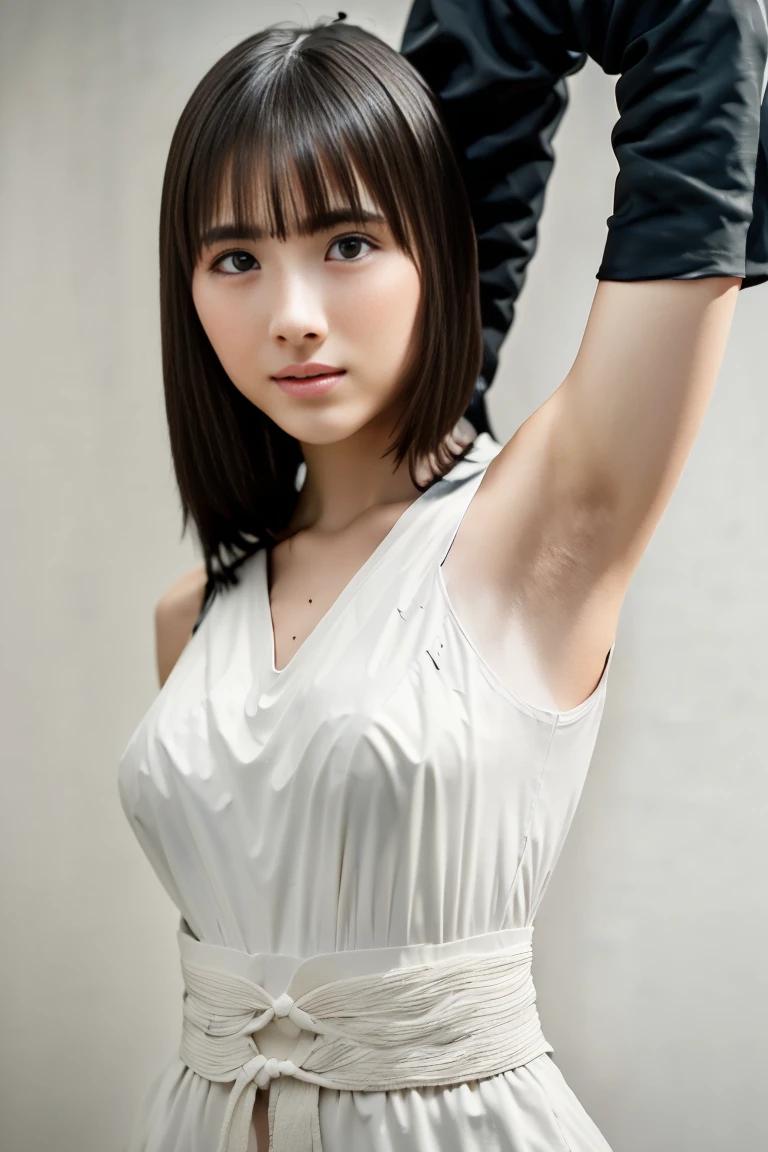 masterpiece, absurdres, 1girl, length hair, floating hair, brown hair, large breasts, breasts out,Bound, Bondage, (arms behind back:1.4), BDSM, tape, TAPE BONDAGE, close-up, srestrained, best anatomy, Curled up, embarrassed face, shout, Upper body, blushing face, humiliation, desperate, (front), (men touching her), holding hair, pov hand pulling hair, hair played