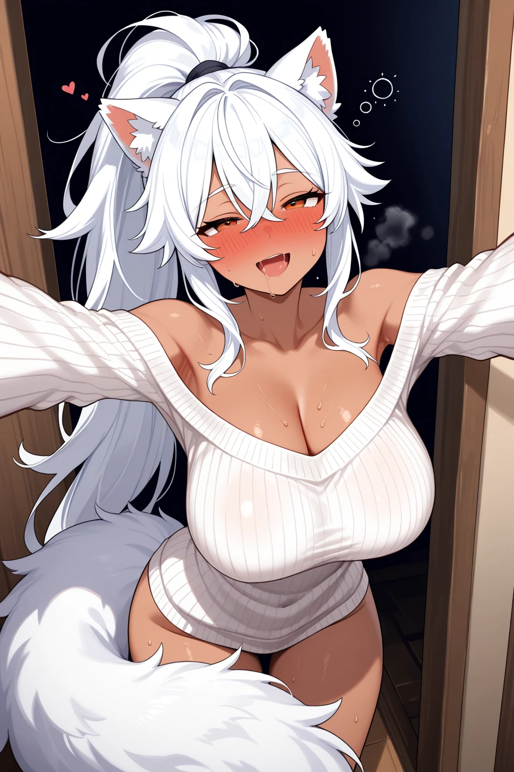 ((masterpiece)), (Highest quality), (Simple style), silver hair, long hair, blue eyes, nude, cardigan, bare shoulders, panties, cleavage, openclothes, cat ears, bukkake, tongue out