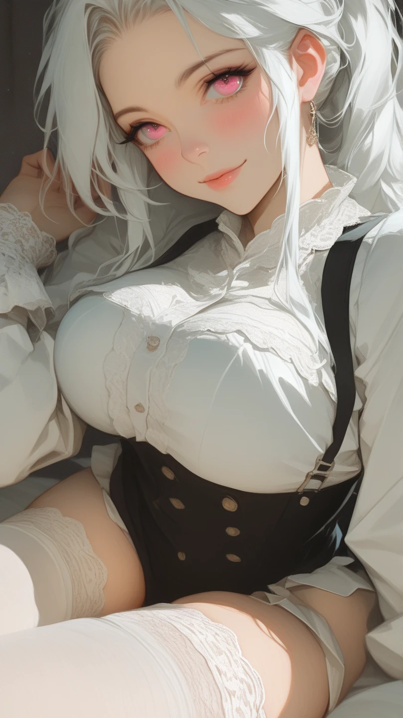 Girl with white hair, cat ears, black glasses, blushing extremely, she has put on a bra if her breasts are small, grabbing her breasts, a black skirt, a cat tail with black stockings on the bed