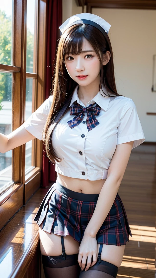 Browsing Caution、8k,highest quality, masterpiece, Very detailed, Ultra-high resolution, Realistic, RAW Photos, , Absolute Resolution, Complete limbs、Complete Anatomy、Perfect beautiful skin、pretty girl1人,Cute girl 、(Lolita Girl:1.2)、、、(School Uniform:1.1)、(Short sleeve white collar shirt:1.1) 、、(Tartan check micro mini skirt:1.1)、、、belly button、、(Thighs)、、、pretty girl、 Japanese Girls、