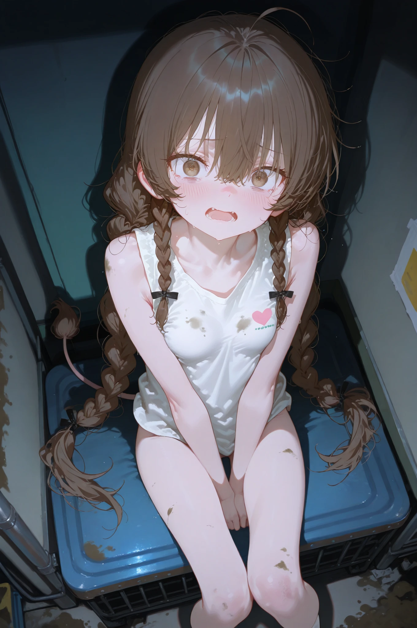 ((masterpiece, highest quality:1.2)),cowboy shot,1woman、20 year old beauty、sex slave、solo,semi long hair,dark brown hair,(very small head),tears,sad,(slender and long body),skinny,small breasts,oily skin,shiny skin,sweat:1.5,oversiznd t-shirt,White T-shirt、Dirty clothes,Both wrists tied together and restrained with chains、Concrete wall、Simple bedroom、