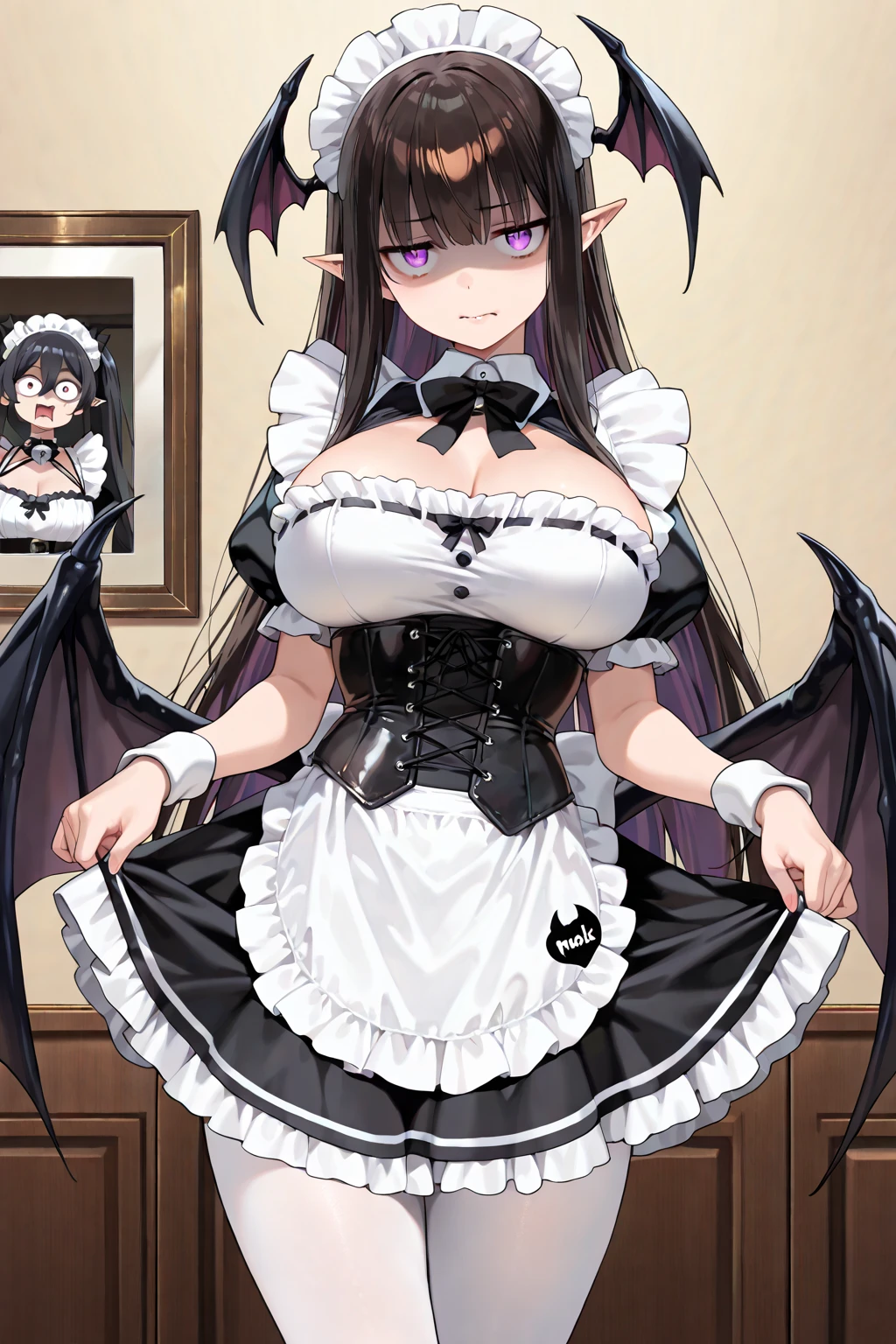 Mature Woman, Huge breasts, lips, Mouth closed, Conceit, Straight Hair, Very long hair, Mischievous face,Succubus Maid Black Hair