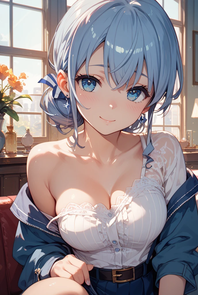 Character Details:, - Gender: 1 Girl. - Style: Anime, - Body Type: Attractive body, slim body, nice legs, slim tights, wet tights, nice arms, nice shoulders. - Breast: (Small Breast:1.2), (Cleavage:1.1), (Nipple:1.1), ((white liquid on body)),. - Facial Feature: Beautiful, Gorgeous, Teenager, Fresh, Young. - Expression: Shy, Pink Blush on Face, Pink Tongue, Sexy Eyes, Sexy Look, (Sweating:1.4), Innocent Look, Tipsy. - Hairstyle: Blunt Bangs, Long Hair. - Hair Color: (Light Blue Hair:1.5), (Messy long Hair:1.3), - Clothing: (Yukata:1.4), (Off-Shoulder:1.3),. - Body Pose: (bend over:1.4), (Hands on Knee:1.4),. - Behaviour: Waiting, Want Something, Secretly. - Accessories: Earrings, No Hair Accessories, Environmental Details:, - Setting: Bed Room., - Lighting: Natural Light., - Decoration: Modern Bed, Chair, Window, White Curtain, City View. Top view. pov, anime style, UHD, retina, masterpiece, accurate, anatomically correct, textured skin.