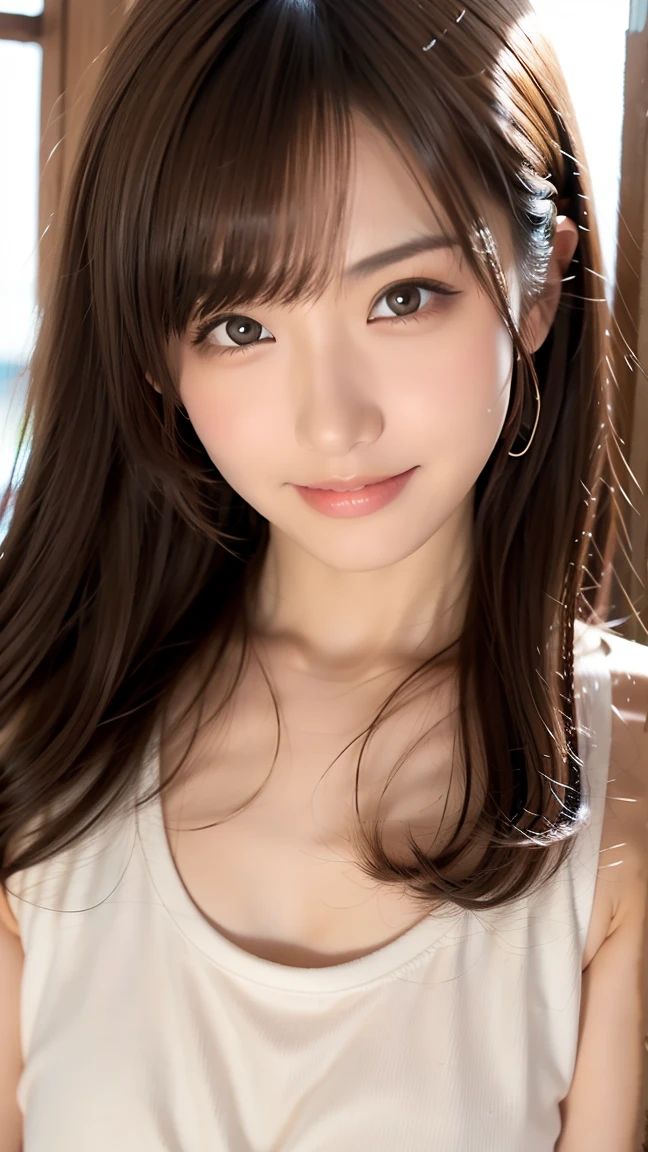 18 year old beautiful girl, Big eyes, Large Breasts, Small and slim, 8K, Highest quality, (Highly detailed head: 1.0), (Highly detailed face: 1.0), (Very fine hair: 1.0), Highly detailed official artwork, Anime Moe Art Style, Beautiful and detailed anime art, smile, whole body, Swimwear、sleek long hair