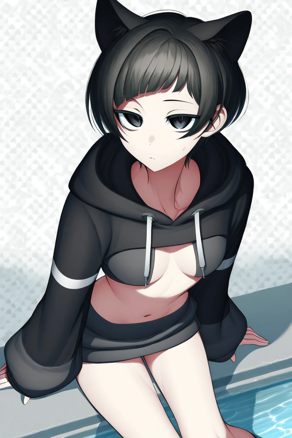 A femboy boy with black hair, a mushroom cut, with a sweatshirt that covers his hips, leaving a large, barely covered penis visible, surrounded by two large thighs, while wearing a thong.

