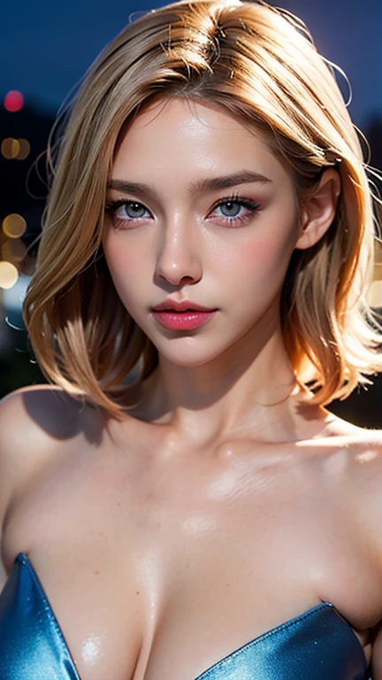 (masutepiece, Best Quality, Photorealistic, hight resolution, Photography, :1.3), Very close-up shot, Sharp Focus, 1 European nude Girl, ((platinum medium hair slicked to the side, extremely detailed)), (full focus:1.3), ((perfect proportions))), ((anatomically correct)), (small breasts:1.3), (beautiful face: 1.33), perfect legs, hotmodel, Midriff, Highly detailed eyes and pupils, Realistic skin, Slim body shape, cleavage, very detail hair, Delicate sexy face, Organoleptic gas, shiny lips, The background is a town, ((Realistic, Super realistic, Realism, realistic detail))