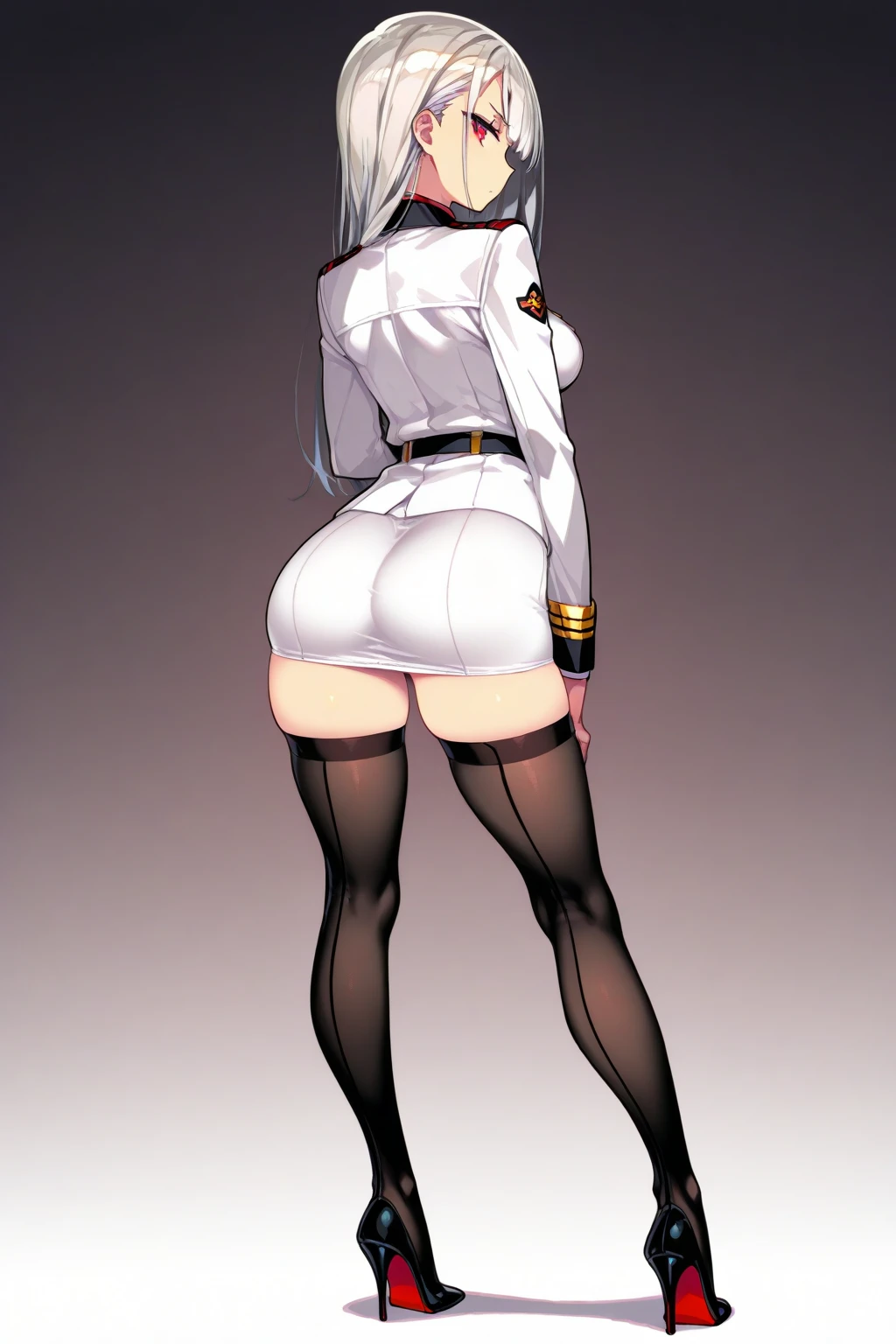 young girl (very sexy), big round breasts, Long collar coat, square mini skirt, wide legs (Portal illness), long socks, wide hip, skinny toned, profile stop, face flirting with the viewer, dark brown hair (two pigtails with a bow), sexy smile, hot, very large and round buttocks