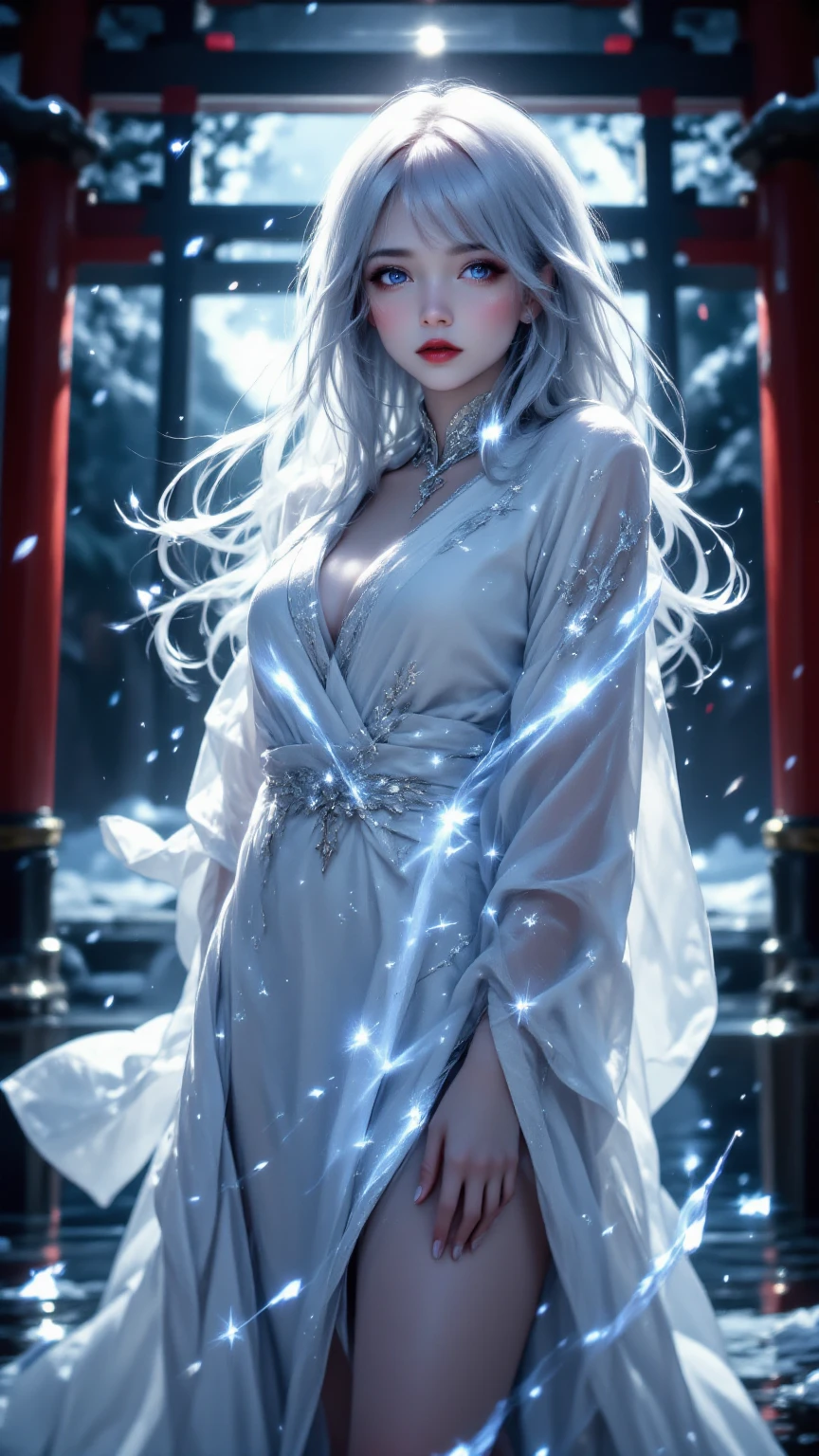 ((Image above the chest:1.5))((masterpiece:1.5、8K、Tabletop、フォトリアリスティックでVery detailedなCG、Very detailed、Particle Effects、Dynamic Effects、Shallow depth of field、Cinematic Light、Lens flare、Ray Tracing、Tabletop、Realistic:1.4、Ultra-high resolution:1.2、Realistic、Realistic))((alone、,A woman wearing a black fur coat over an off-the-shoulder sweater:1.4、Elegant and sexy woman、Detailed face、bright表情、young, bright, Whiter skin、Medium chest、Beautiful cleavage、Best Looks、Asian、Ultimate beauty、bright and shiny hair,、Super long, Silky straight hair、Hair dancing in the wind))(spectacular night sky、White Knight、Amazing starry sky)((shiny white hair))