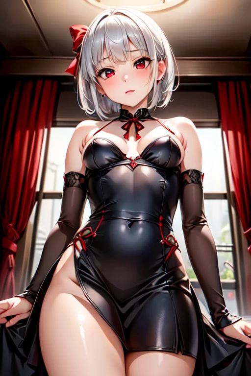 best quality, (masterpiece:1.2), highly detailed, cat ears, 1girl, tojou koneko, yellow eyes, white hair, short hair, hair ornament, 20-year-old, healthy skin, blushed,kneeling ,(ringed eyes ),((leather clothes))
