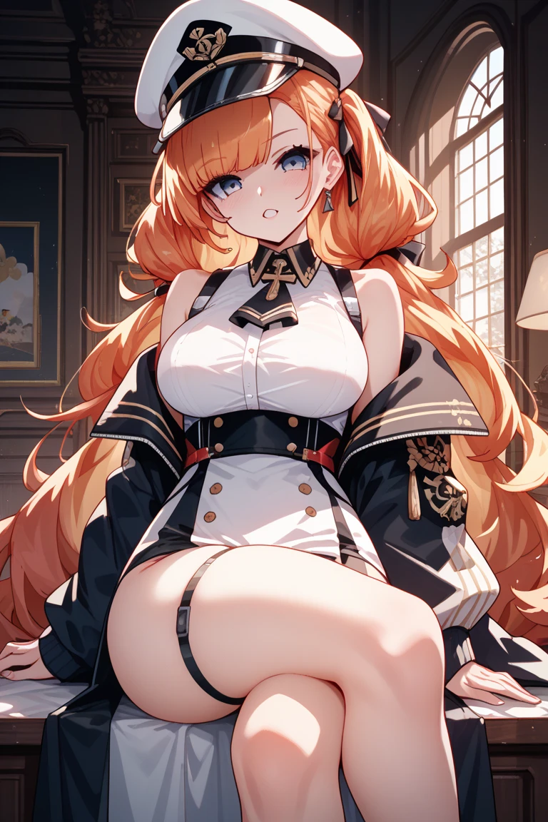masterpiece,best quality,highres,cinematic lighting,dramatic angle,<lora:ShadowverseTidalGunnerV1:1:OUTSTYLE> ,1girl,hair ornament,hanging breasts,red hair,red eyes,twintails,goggles,skull decorations,hair ribbon,white shirt,black skirt,fishnet,garter straps,belt,package,pov,looking at viewer,:d,fangs,taunting,happy,clothing cutout,(huge and gigantic and enormous and big and large and juicy breasts:1.2),(fat ass:1.1),(thick thighs:1.2),bare shoulders,choker,spikes,close-up,necktie,evil smile,shaded face,(seductive pose:1.3),bedroom,embarrassed,shy,blush,breast hold,hand on own chest,covering breasts,lying,on back,on bed,wet,see-through,sweat,presenting,spread legs