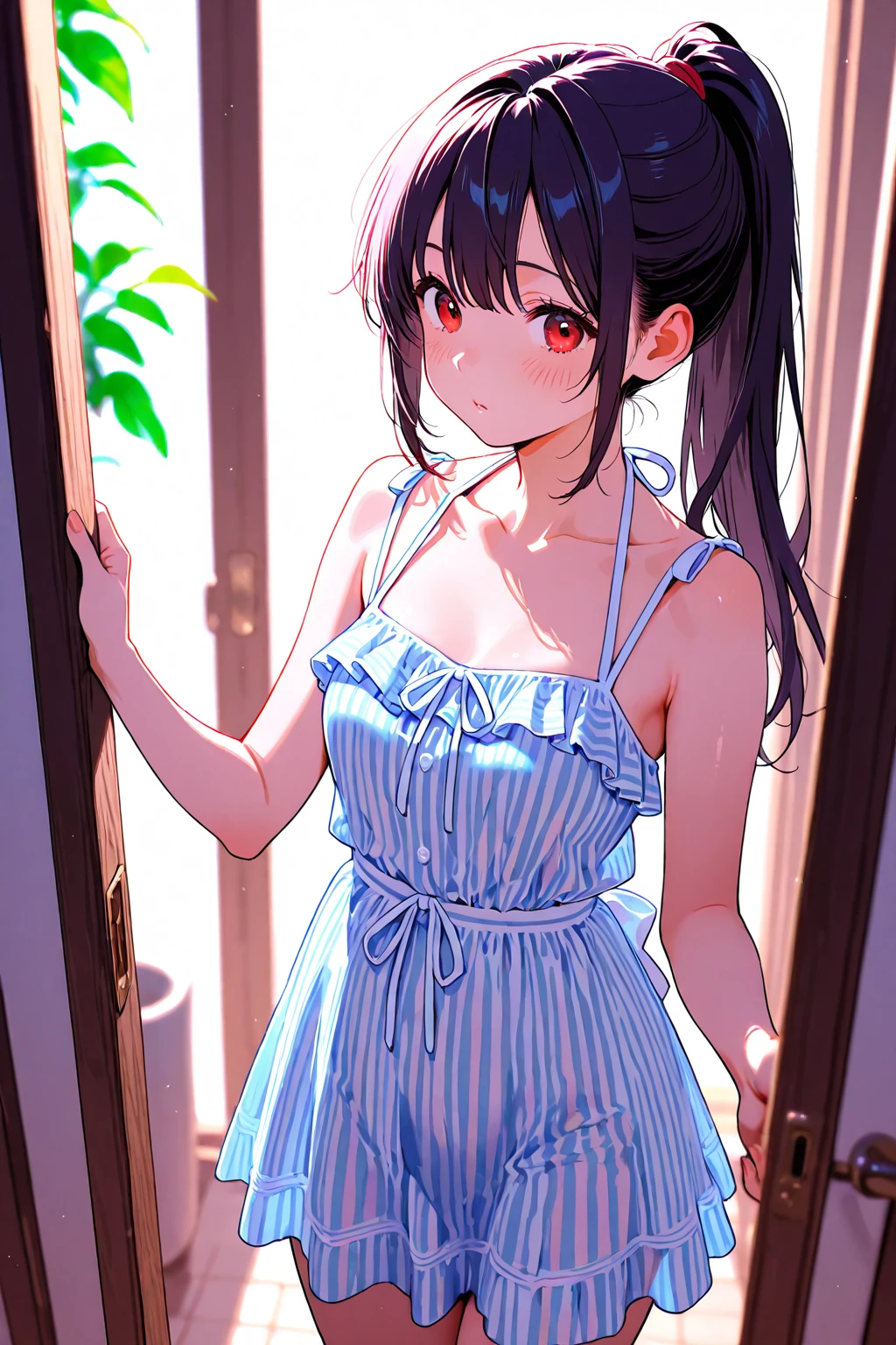 (8K, masterpiece, Best Quality, ultra-detailliert, Professional Lighting, Perfect Anatomy, anime colours), Dynamic Angle,
break;
24 years old beautiful 1 female, Japanese, Large breasts, (completely nude:1.5), (floral print naked apron:1.5), bare head, Bare arms, Bare legs, Curve, pale skin, gleaming skin, light pink hair, Long hair, side locks, (Single braid:1.3), Straight hair, (embarrassed:1.5), Blue eyes, tareme, (upward-eyed),
break;
(wash laundry by hand:1.5), to stand, Looking to the side,
break;
(Hang the laundry out to dry:1.4), (hanger), (on balcony:1.2), Sunlight, Blue sky, (fence, 2nd floor), Home background, (hang lingeries), no maschine, (Laundry basket on the ground)
