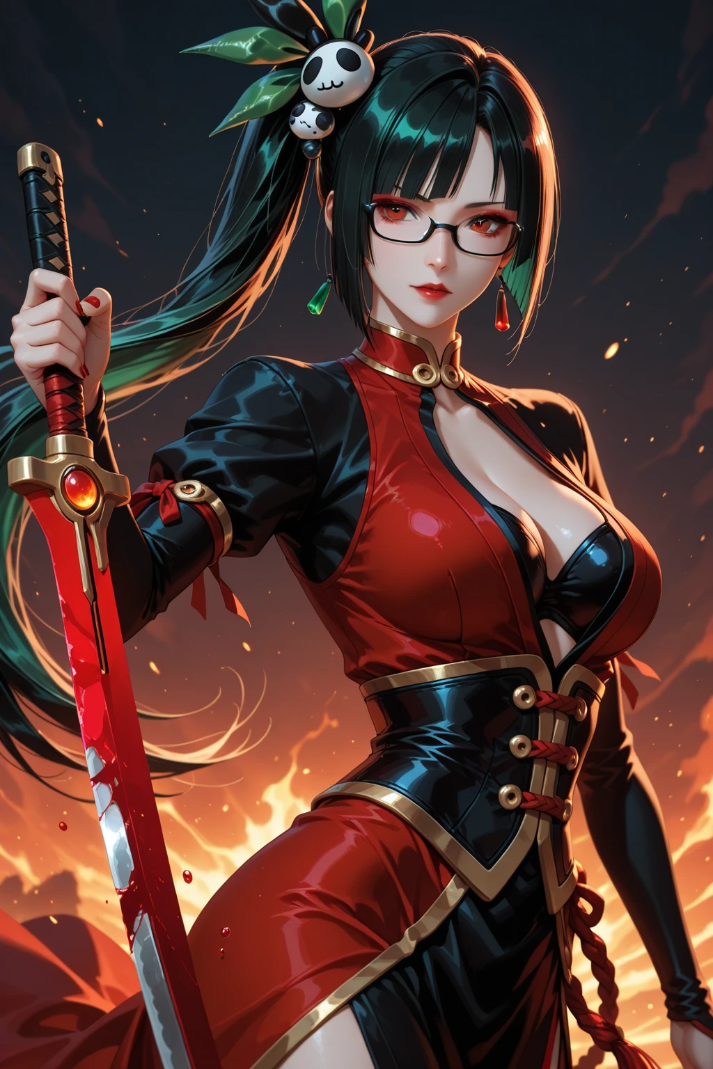 Fine、(The best illustrations)、8k UHD resolution、intricate-detail、top-quality、realisitic、ultra-detailliert、The best lighting、Best Shadows、Soft lighting、Ulutra HD、1 beautiful devil woman from hell, surreal female portraits by David Hockney and Alphonse Mucha, Fantasy Art, Chinese Doll、Dungeon and Dragon、Devil's Palace、Devil's Torture Chamber、magia、 A Necromancer、natta、Dark style、Succubus、Devil's Daughter、Bat Wings,(((Demon Horns)))、((((black-rimmed round glasses))))、(((Colossal tits)))、(Devil's Tail)、(red eyes glowing:1.6)、 intricate tattoos, demonic intricate tattoos, thigh tattoos, body tattoos, masterpiece、beautiful countenance、Muscular seductive body、The enchanting body of the devil、Seductive Black Magic Costume、A shiny red snake is wrapped around her hand、Tindall Effect、photos realistic、(High Detail Skins:1.2)、 (Intricate details, makeup, pureerosface_v1:0.5), (Detailed beautiful delicate face, Detailed beautiful delicate eyes, A perfectly proportioned face, High detailed skin, Detailed skin, best ratio four finger and one thumb, arms below breasts, Tattoo with a red glow under the stomach、Awesome awesome, wide hips, smooth midriff, skiny and thin, __Fashion__, __hair__:1.25)、Digital SLR、hightquality、a picture、hight resolution、 absurderes、Ponytail distortion、女の子1人、Red sparkling gemstone necklace、jewely、Beautiful expression、Body Up、Large breasts emphasis、Toned waist、Wide buttocks、Devil's Tail、intricate tattoos, demonic intricate tattoos, thigh tattoos, body tattoos, effect、Photorealsitic、(High Detail Skins:1.2)、In the Dark, lowkey, cowboy lens, (Black Phoenix Dress: 1.0), Seductive Black Magic Costume、Long hair, Black hair, Bust, Devil's Palace, devil crown, red eyes make up very sharp and detailed, The most beautiful face, Super tight breasts, Breast augmentation surgery, The breasts are very big and round and round, Black magic costume、Super realistic , Charming smile, The eyes are very well made up, ((Red Eye:1.0)), guweiz, devil style,Muscular seductive body、 wearing black m