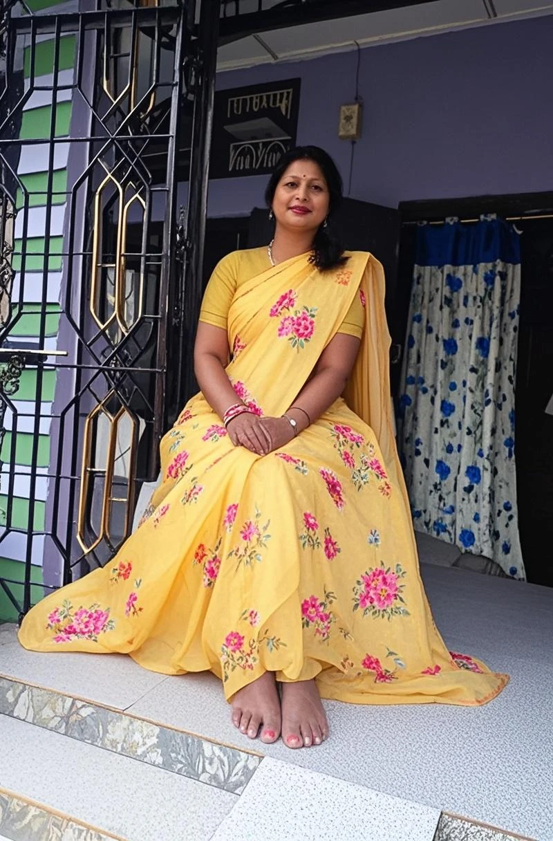Day scene, A radiant, full-figured South Indian 3 aunty a light yellow colour chiffon fully transparent kurta, bra visible through kurta, ,standing, in a office captured in a full-body image with vibrant hues and meticulous details. Full body image