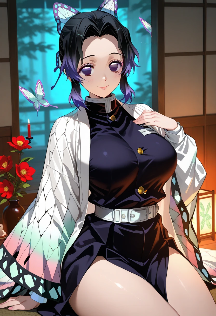 score_9, score_8_superior, score_7_superior, sauce_anime,
胡butterflyしのぶ, Shinobu Kochou, Animal print, Black Hair, butterfly, butterfly hair ornaments, butterfly print, amount, Gradient Hair, hair ornaments, Haori, Multicolored Hair, Parted bangs, Purple Hair, short hair, Two-tone hair, (full body), Black Rope, (Body tied up with rope),Hands behind the back, (Exposed breasts), Big Breasts, Scared, one eye closed, furrowed brow, clenched teeth, breast focus,