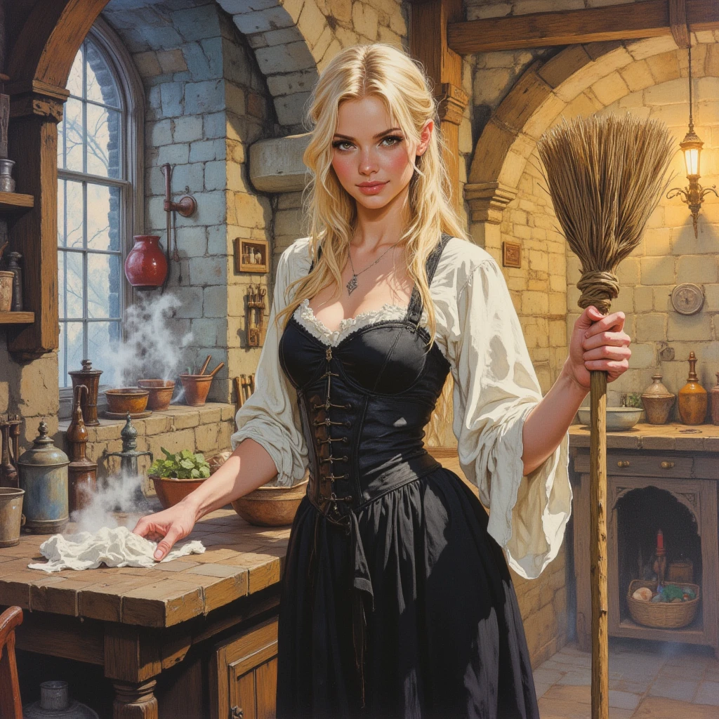 Fully naked, muscular body, (hairy pussy:1.0), 18-year-old girl in maid outfit with big breasts (Gothic style) torn skirt golden body proportion messy blond hair (inner splayed feet) (very detailed CG unity 8k wallpaper) big breasts torn skirt ruddy and shy Ed Blinkey America's most beautiful body art, ATey Ghailan, painting by Jeremy Professional Gorgeous Mann, Greg Manches, Antonio Moro, Artstation Trends, CGSOC IETY TRENDS, intricate, tall detailed, accurate, dramatic realism art, cg, 3d, 8k 4k