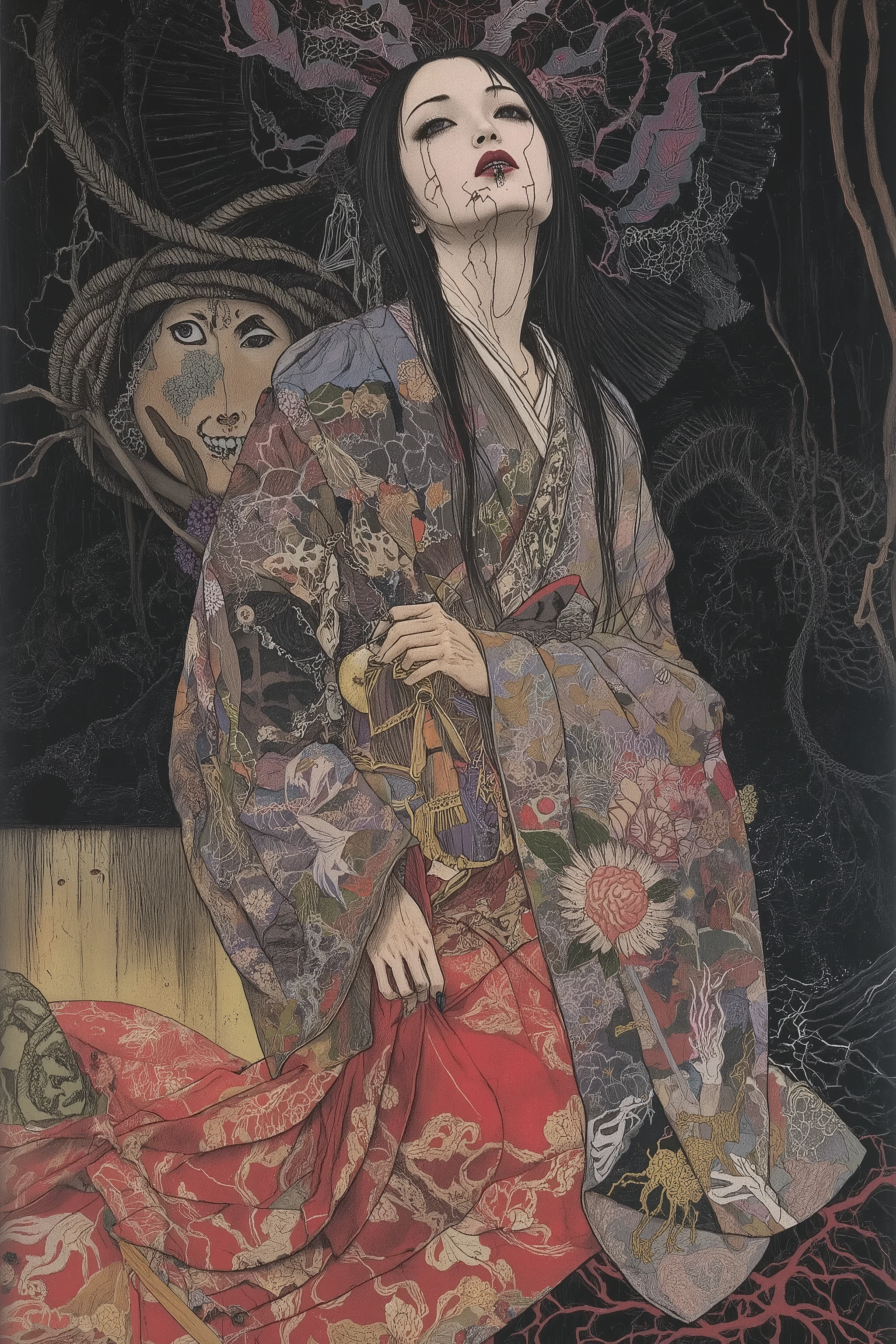 half beautiful face,half decay zombie face,grief,sadness,solitude,very messy long hair,,japanese woman,black hair,sadako,japanese horror,ghost,beautiful and scary,Look up from below,cursed,oiran,japanese old well,in old japanese,dramatic,horror,nihonga,Depressive Black,shigerusudo illustration,