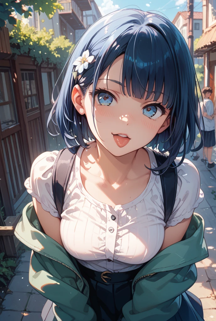 (Highest quality:1.4、8K:1.4、detailed)、Slim body、Very white beautiful skin、((((1 person、Surprised expression、sit、Chair、In the background are the urban buildings of Tokyo、looking at the camera、Outdoor café terrace、coastal、Navy hair color、juice、White side string high leg bikini、Shooting up close、table、Very cute face))))、(Cover your chest with your hands:1.4)、Very blue sky、A completely cloudless sky