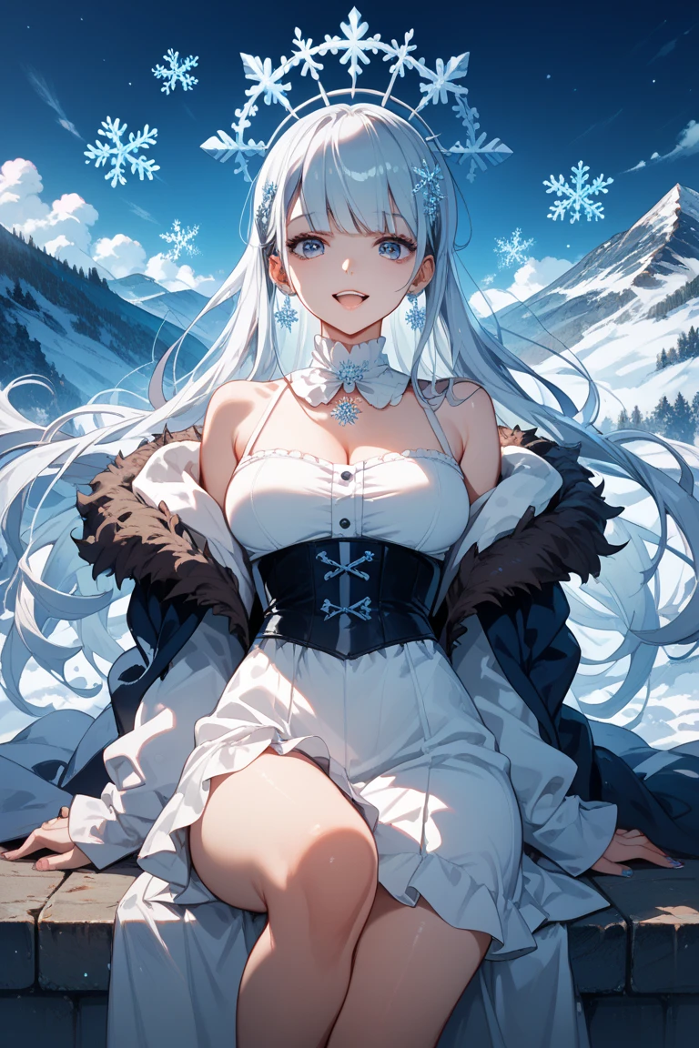 (masterpiece, best quality:1.2), solo, 1girl, hair over one eye, blue eyes, cleavage, Gentle smile, Winter coat (white), Boots, Winter forest, aurora borealis, Night, Wolf,
