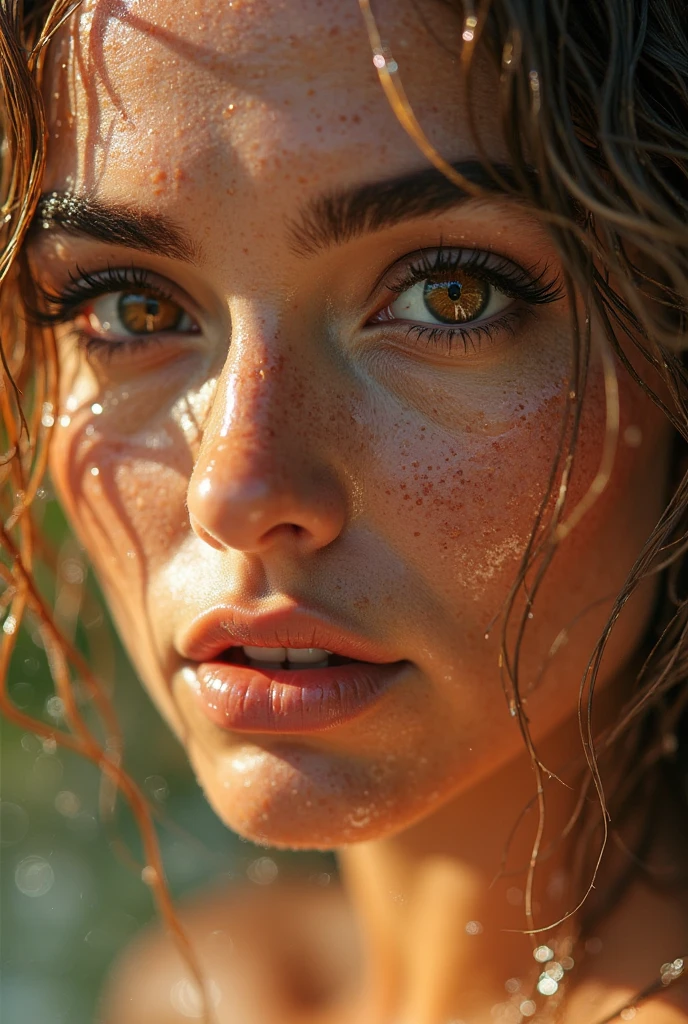 (UHD, retina, masterpiece, award-winning, award-winning, accurate, anatomically correct, textured skin, super detail, high details, high quality, best quality, absurd high res, 1080P, HD, 4K, 8k, 16k, 32k), studio lighting, (physically-based rendering), vivid colors, ((stunning older woman, 40-years-old, milf)), (beautiful detailed dark green eyes, beautiful detailed lips, extremely detailed eyes and face), alluring pouty lips, sexy full lips, (large SAGGING breasts), ((topless, holding breasts)), dark atmosphere, (medium closeup portrait, shiny brown hair swept to one side, grey streaks, shiny skin, blush), (bokeh), eye reflection, highly detailed skin texture, extreme details, (freckles, wrinkles), dark skin, flush,, ultra detailed skin texture, ((very shinny skin)), soft lights, tanned skin,gigantic breasts, cleavage, (perfecteyes)