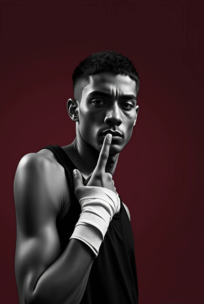 A junior high school boxer with ripped abs and bandages on his face, looking at me in a fighting pose in the ring.