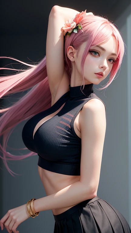 A fit young woman in her 20s wearing a bright yellow sports bra and black leggings. She has long, straight pink hair .with a confident smile on her face. on the stage. 카메라를 바라본다
huge boobs,she is walking .