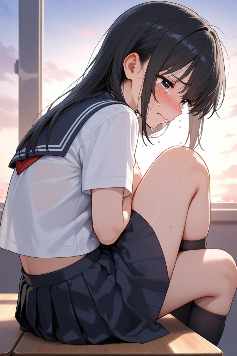 (Photorealistic:1.5), (masterpiece、Highly detailed 8K CG、Sharp lines)、hi-school girl、A dark-haired、(White panties:1.2)、thighs thighs thighs thighs、Beautiful anime schoolgirl、Smooth Anime CG Art、Beautiful anime schoolgirl、Beautiful anime girl, 19-year-old beautiful girl, Detailed skin,(gleaming skin:2.1)、short-hair、Beautiful black hair、blue Eye、(many streaming sweat:1.7), (anguish:1.4), (flat chest:1.8),(Muscular legs:1.5), (gaunt:1.7), (student clothes, a sailor suit, Dark blue pleated skirt:1.4), (sleeveless:1.2),(full body:1.5), solo, one girl, (sitting:1.5), (thigh:1.2), (from front:1.2), (Sweat pouring from her pubic bone:1.4), Inside the classroom, (open mouth:1.4), (Clear drool overflows her mouth and drips from her chin:1.3), (half closed eyes:1.3), (She's properly clothed:1.2)