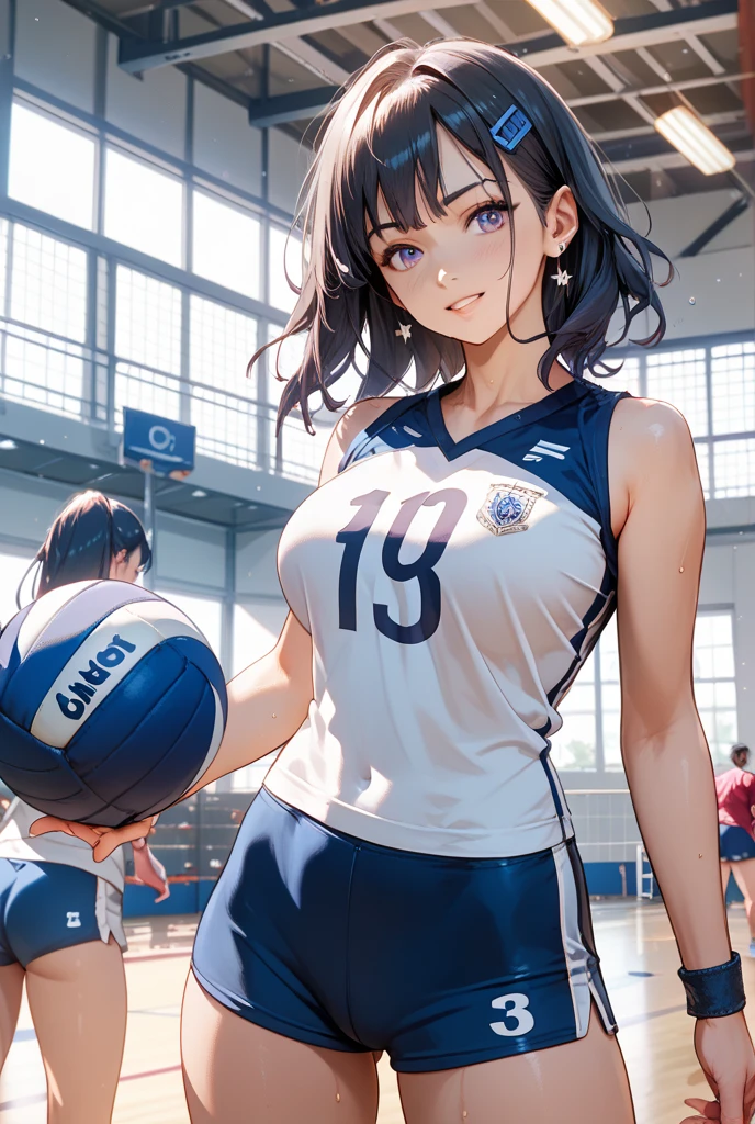 (Best quality, 8k, 32k, Masterpiece, UHD,:1.2),RAW, 1girl,ultra cute , natural lighting,transparent shining eyes, 20yo ,fair complexion, (???????:0.8) ,(slut:0.8), (vulgarity:0.8), (fucked silly:0.8),(steam:0.8),(trembling:1.3)),((volleyball uniform )) ,From above, kneeling, body-fitting, White background, sneakers, ((volleyball uniform short pants))