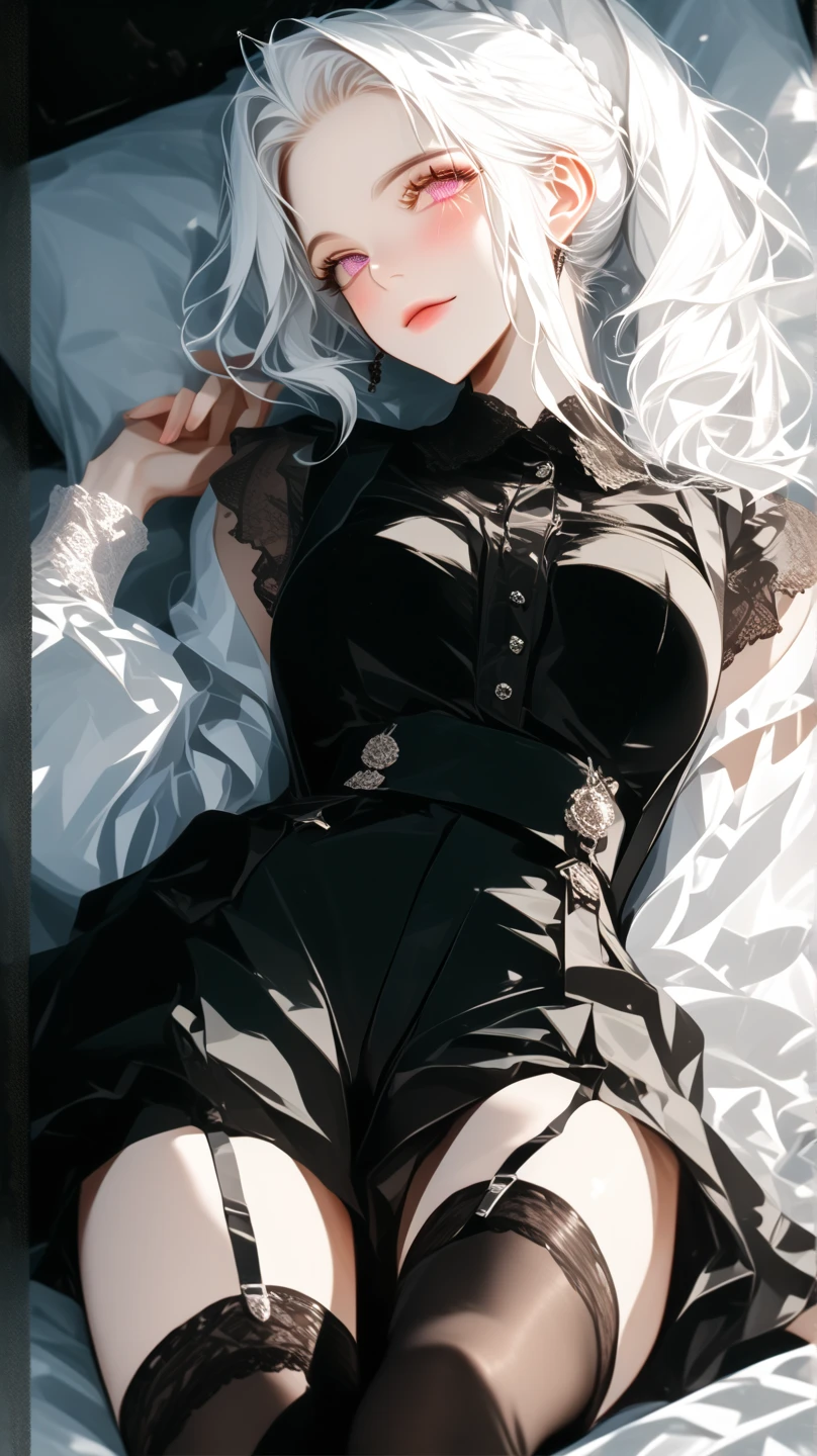 masterpiece, ultra high definition, young woman, alone, exposed cleavage, soft breasts, overflowing sperm, open legs, open crotch, open knees, embarrassing, blush, masturbation, misaligned bra, sweaty, wet underwear, masturbation, sperm, hands inside underwear, mucus, glare, stockings, lying down, street, black clothes, night, gloves, silver hair, short bob, yorha 2b
