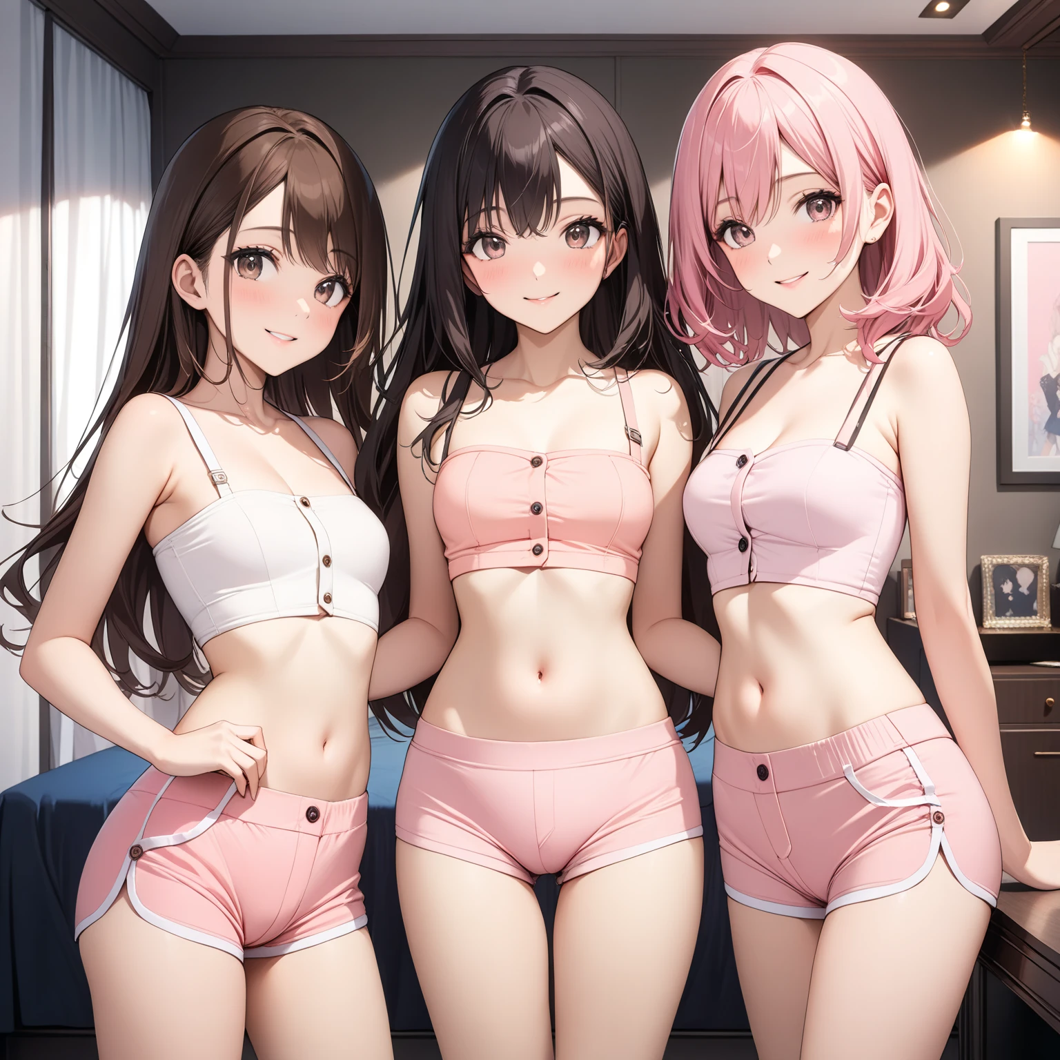 ((highest quality)), ((masterpiece)), (3 girls:1.5), Three cute girls are posing for the camera on the bed。, (shirtを持ち上げる:1.3), (three people standing in a row), (Close-up shot from the waist up), (open your mouth and smile:1.3), (topless), nipple, hair band, head band, hair bobble, blouse, shirt, (high resolution face), (high resolution fingers), Asian, Westerners, silver hair, brown hair, blonde, (belly button), jewelry, looking at the viewer, necklace, long hair, short hair, (abs),
