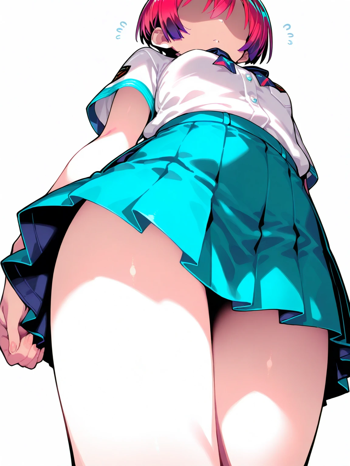 Peni Parker, black vest with rhombuses, red plaid skirt, Small backpack, (20 year), white leather, light skin, upskirt, Nsfw, (big legs, big thighs), micro thong T-String, lingirie