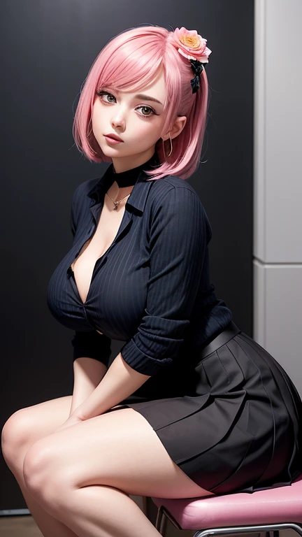 (masterpiece), (best quality), (High contrast), (Realistic), 1 girl, pink hair, ponytail hairstyle, bangs, (beautiful detailed face: 1.0), brown eyes, feminine focus, red fitted school jacket, (tight clothes), white t-shirt, sensual cleavage, big breasts, (perfect body), white plaid miniskirt, beautiful hip, slender legs, white socks, school shoes, school, (8k lighting),