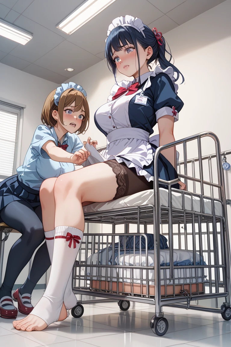 masterpiece, Highest quality, Official Art,  Highly detailed CG Unity 8k wallpaper,  A sign around the neck_wrist, Raise the hand, Torn Dress, (((Exposing breasts、No bra、)))White short dress, Metal collar, Crouching with legs apart, stage, market, Nervous, Multiple Girls, Four Girls(((NSFW、Naughty pictures)))