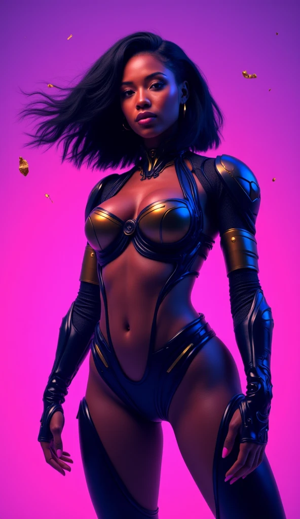 ultra realista 8k CG, (Futuristic:, Perfect artwork, master part, CIDADE FUTURISTA, Era futurista, Mechanicalgirl, fantasia), (((Antecedentes detalhados))) 20yo mulher afro cyborg musculoso modelo fresco,amazing stunningly beautiful, sentado, Looking at camera, bobcut preto ondulado cabelo brilhante, Retrato de 50mm, Glamour, curvas suaves, gigantesco , , full wet lips, Cybernate , abdominais perfeitos, ..3d, ultra realistic,