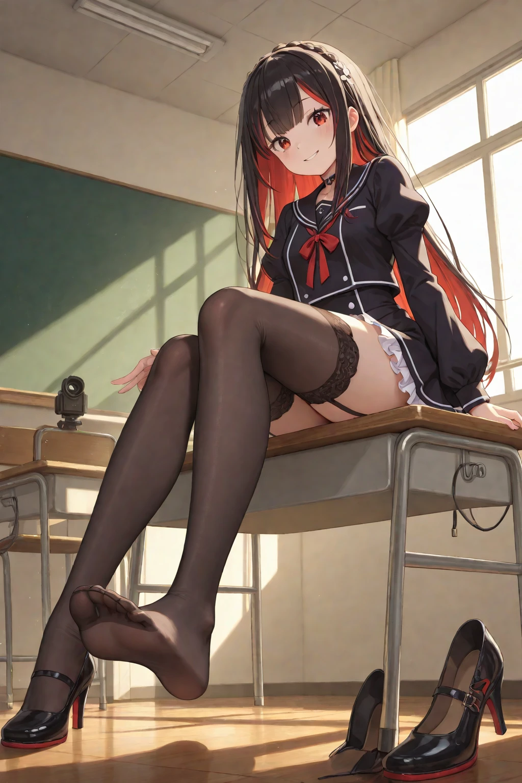 suzunehorikita, suzune horikita, black hair, braid, long hair, (purple eyes:1.1),
BREAK advanced nurturing high , black thighhighs, blazer, bow, bowtie, buttons, jacket, long sleeves, pleated skirt, , thighhighs, white skirt, zettai ryouiki, (red blazer:1.5),
BREAK looking at viewer, full body,
BREAK indoors, classroom,school,soft lights,
BREAK (masterpiece:1.2), best quality, high resolution, unity 8k wallpaper, (illustration:0.8), (beautiful detailed eyes:1.6), extremely detailed face, perfect lighting, extremely detailed CG, (perfect hands, perfect anatomy),sitting on table, cross legs,leg on leg,from below,
