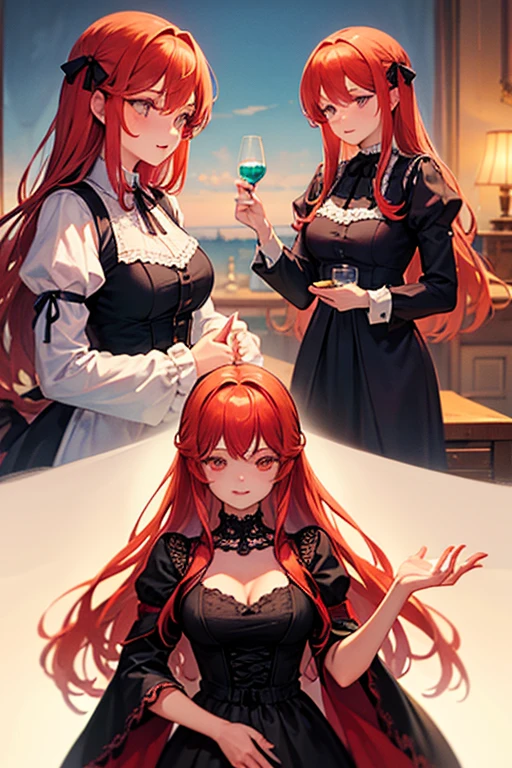 Hot princess with red hair ,using magic, standing in a black dress with big breasts, Magic with blue color is yellowed,