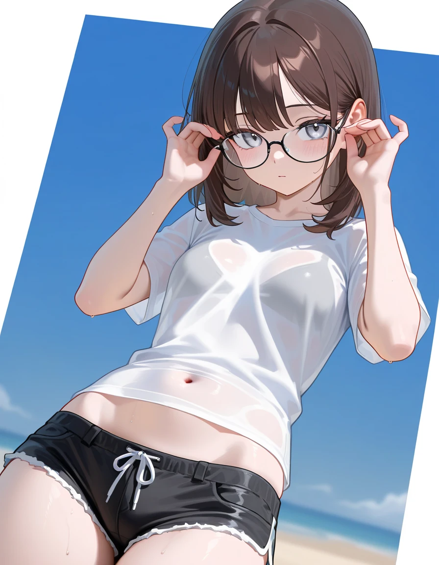 nsfw,1girl,18yo,perfect hands, perfect finger,perfect anatomy, masterpiece, best quality,realistic, hyperrealistic, 16k hdr,, aamii, short hair, black hair, brown eyes, (glasses), (no bra,no panty, T-shirt,denim mini skirt:1.2),(lift up T-shirt),outdoor, from below,(sweat:1.3),(red blush, smile),small breasts,necklace,(leaning forward,squatin:1.2,pubic hair:1.3),(wink),(peace sign:1.3),
