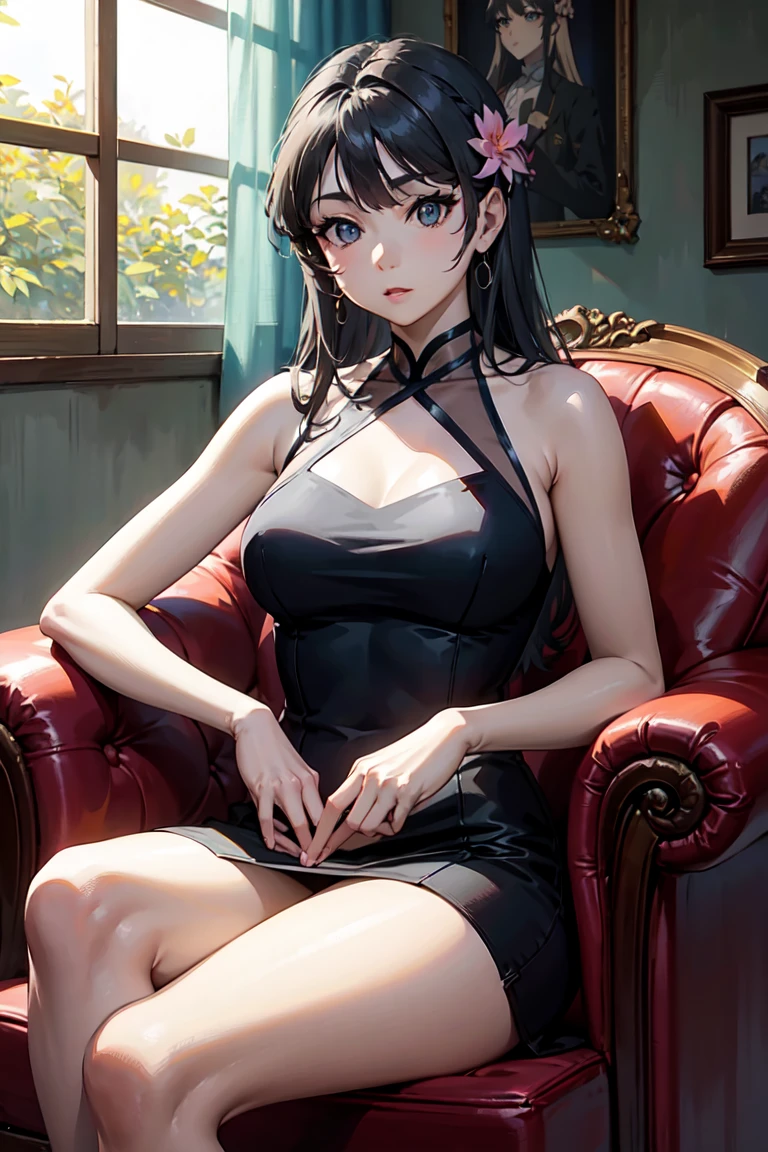 1girl,solo,simple background, huge breasts, red heart promise, black dress,sitting on sofa , blush,no_panties, barefoot,light smile, hand on own chest,