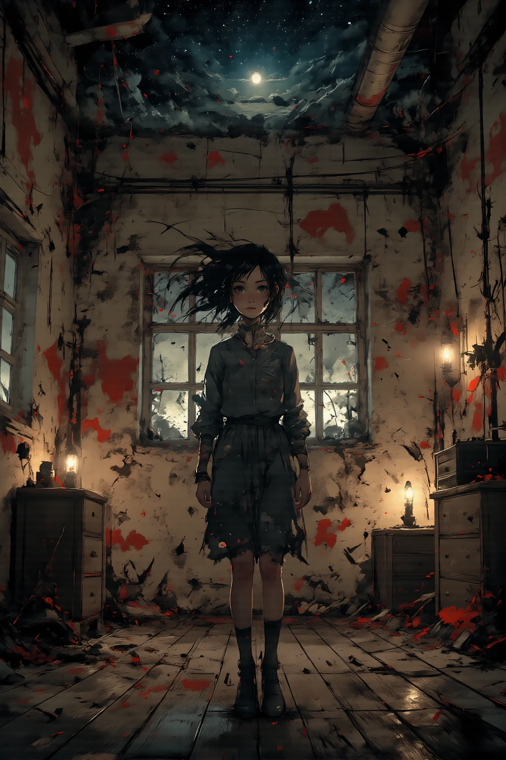 (Une femme sale assise sur une chaise dans une maison délabrée, her wet, disheveled hair covering her eyes, wearing detailed bodycon shirt and pleated skirt, wide angle view, toe, damaged, hand drawn, Cinematic lighting, extremely detailed, white, brun, rot, composition parfaite, head of&#39;artwork, best quality, 4K, sharpness, Anatomie parfaite)